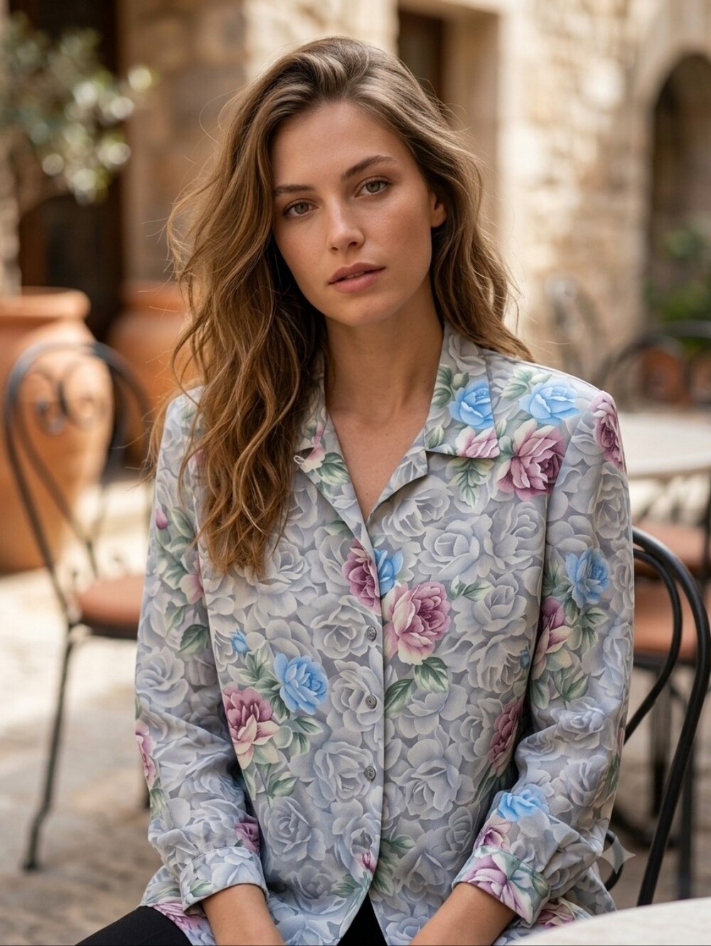 Alia Vintage Rose Print Blouse Cottagecore Shoulder Pads 90s Shirt